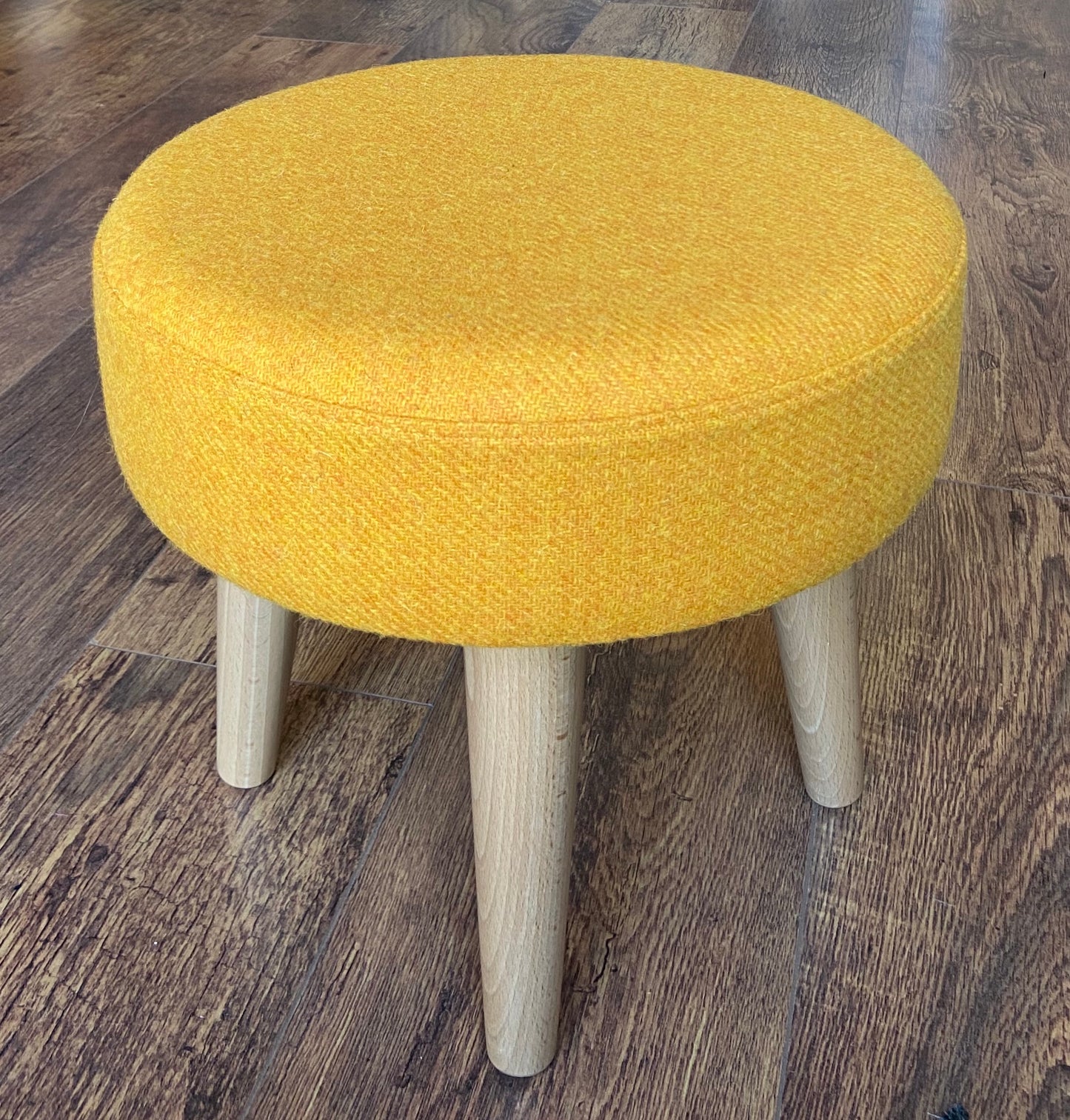 Yellow Harris Tweed Footstool with Varnished Wooden Legs