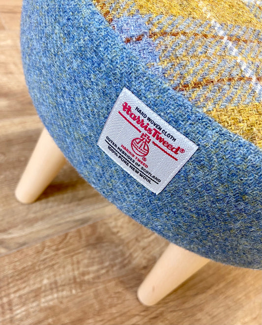 Sky Blue and Mustard Tartan Harris Tweed Footstool with Varnished Light Wooden Legs