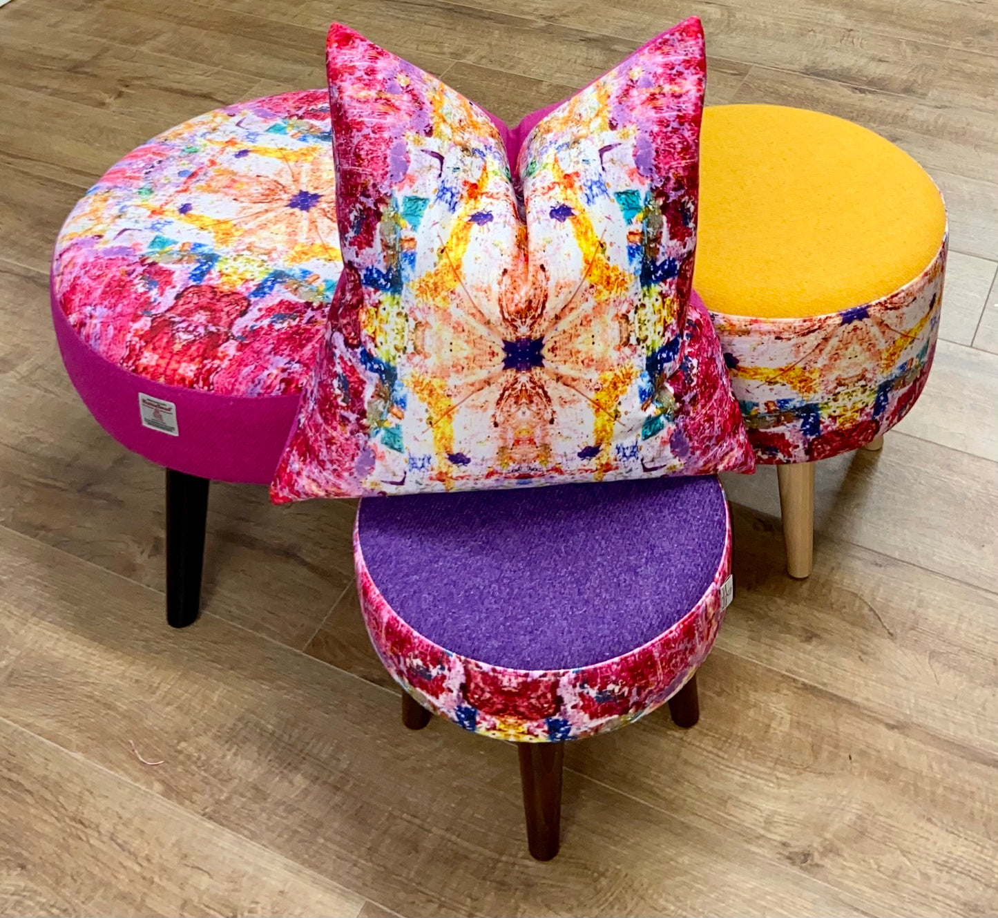 Paint Spray Velvet and Purple Harris Tweed Footstool