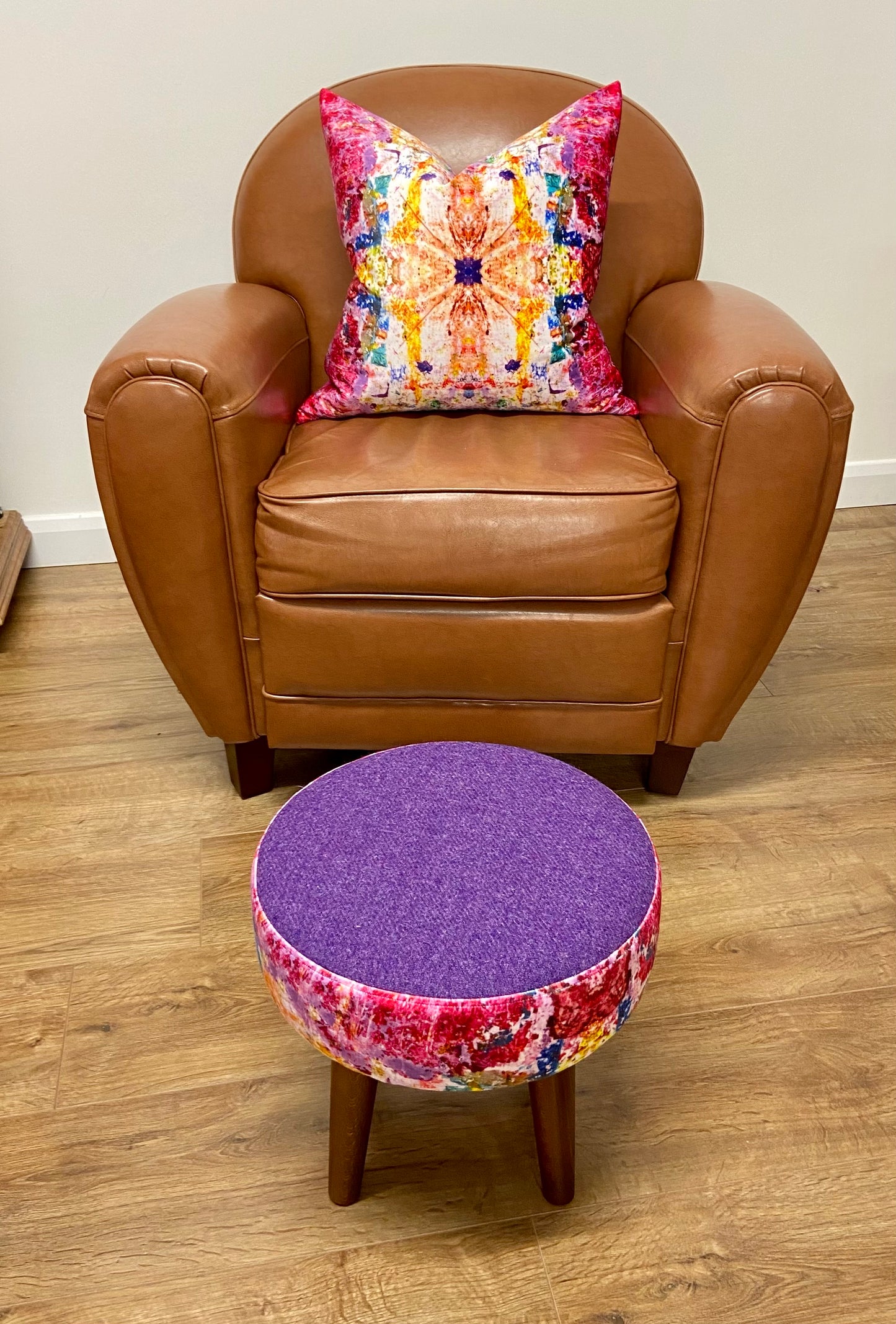 Paint Spray Velvet and Purple Harris Tweed Footstool
