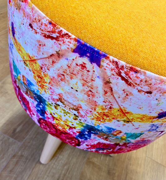 Paint Spray Velvet and Yellow Harris Tweed Footstool