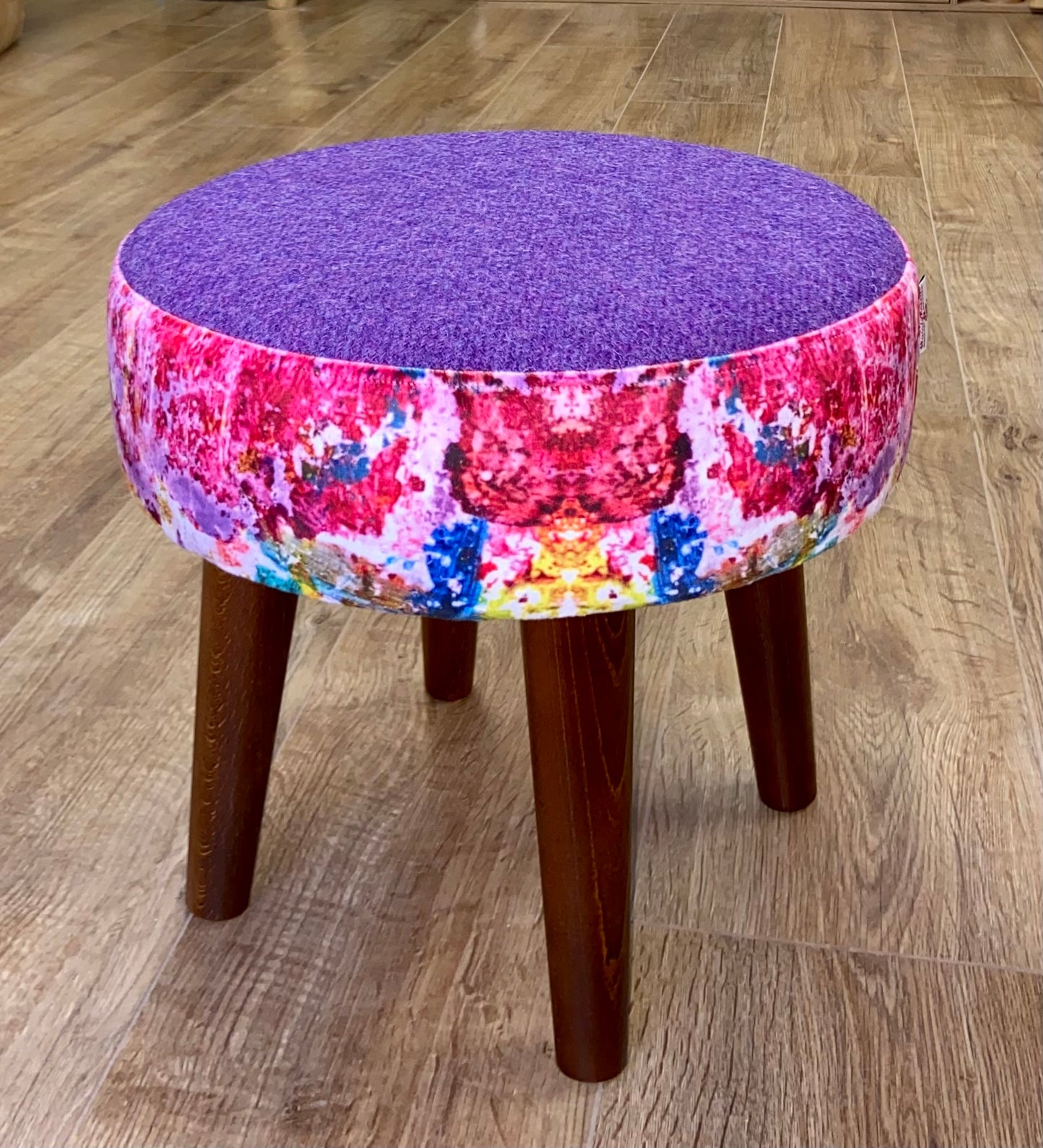 Paint Spray Velvet and Purple Harris Tweed Footstool