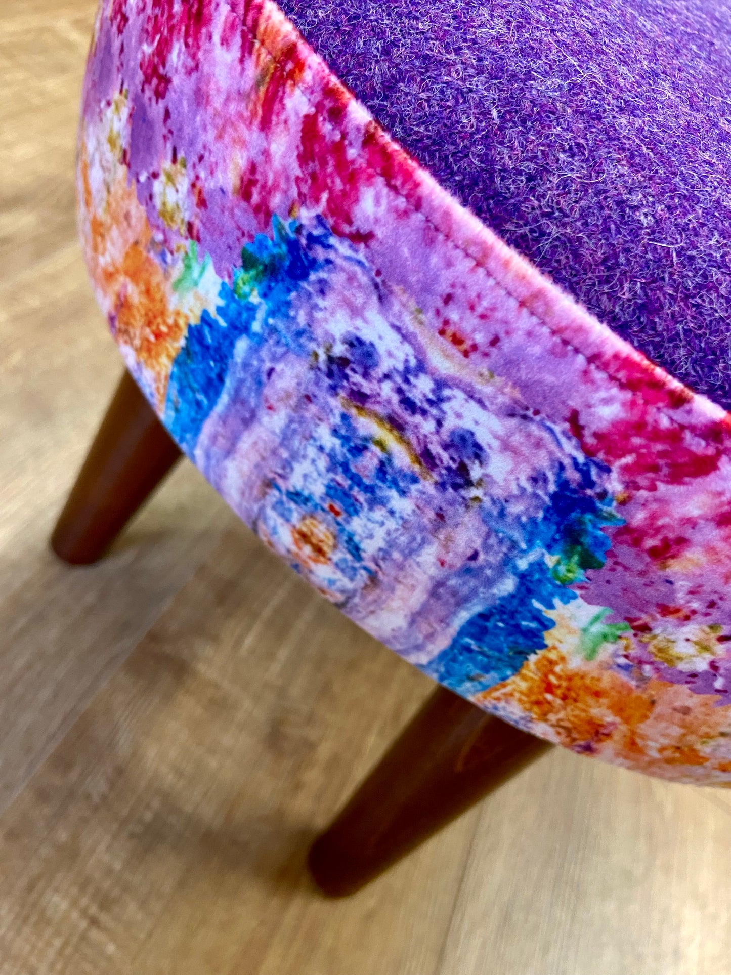 Paint Spray Velvet and Purple Harris Tweed Footstool