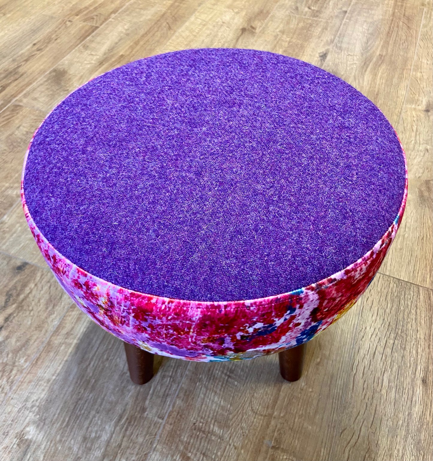Paint Spray Velvet and Purple Harris Tweed Footstool