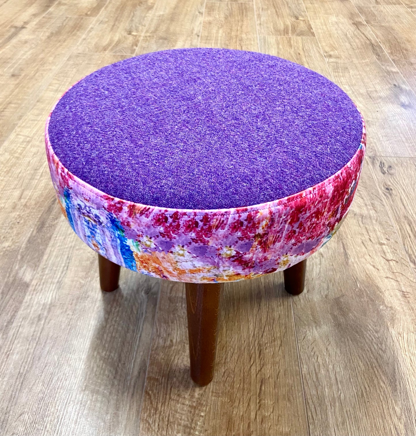 Paint Spray Velvet and Purple Harris Tweed Footstool