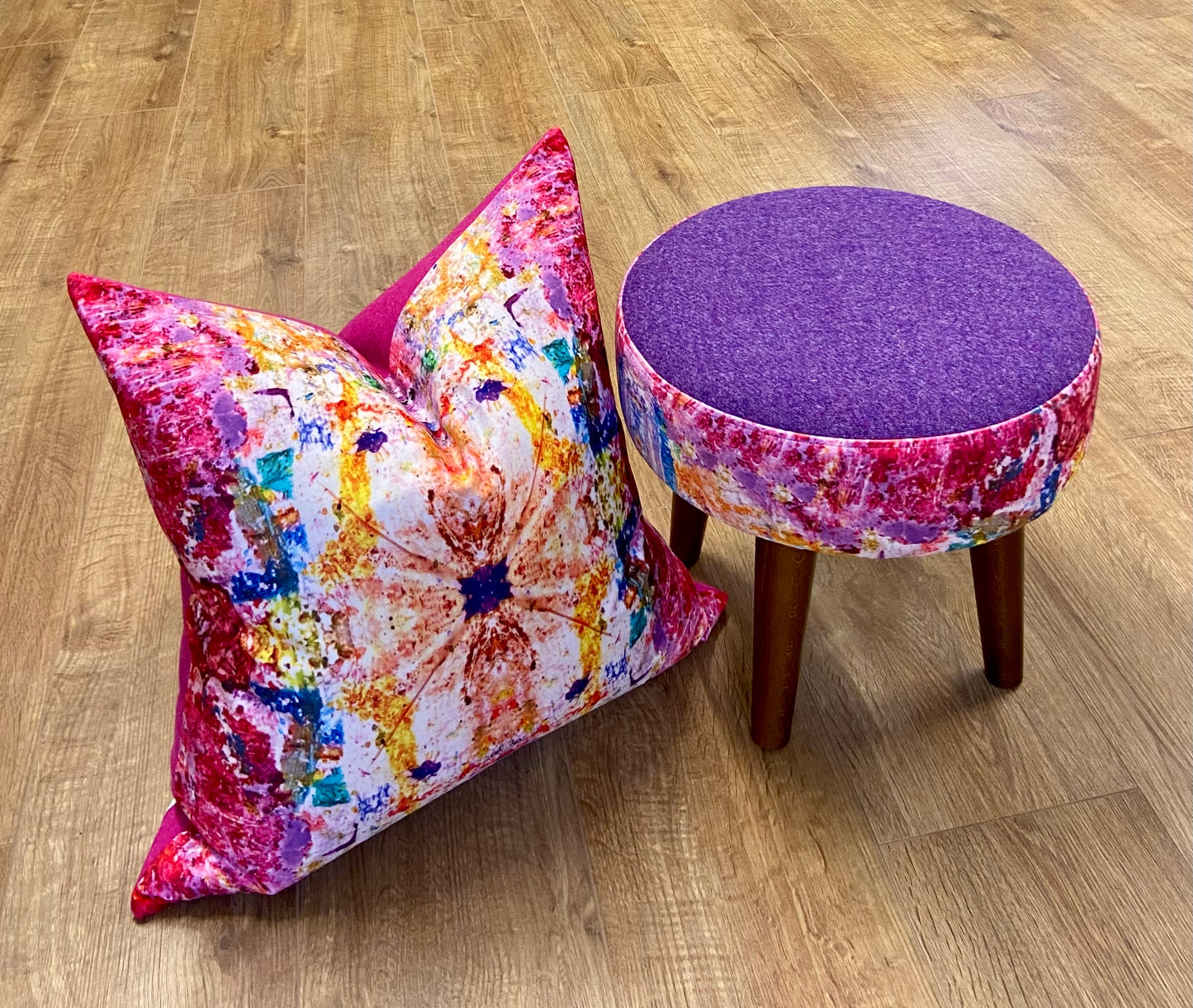 Paint Spray Velvet and Purple Harris Tweed Footstool