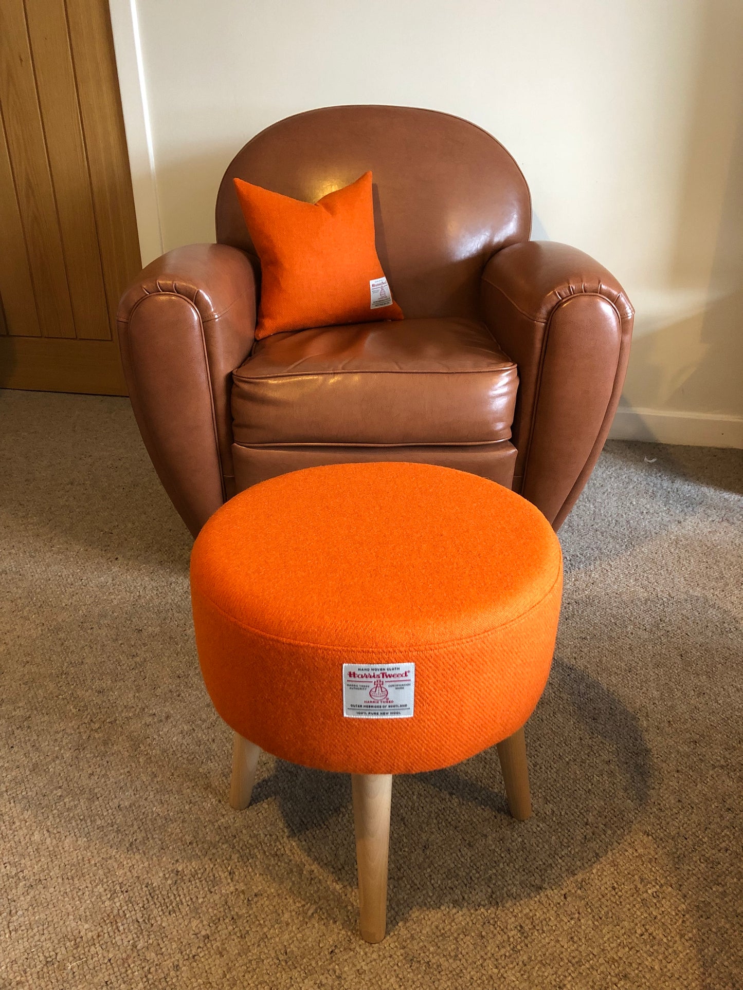 Orange Harris Tweed Cushion 18”: Handmade