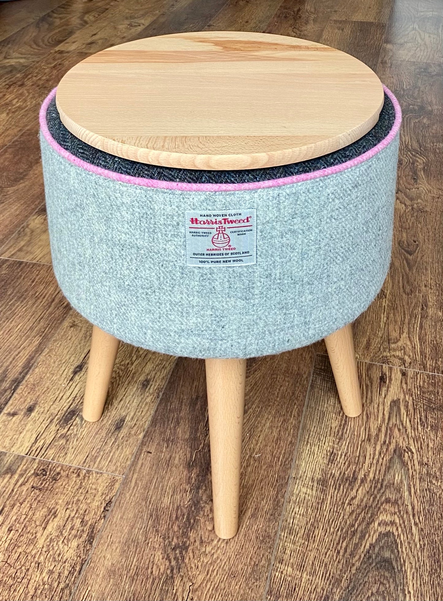 End Table, Grey Harris Tweed with Pink Piping and Removable Wooden Top