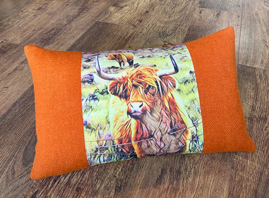 Handmade Highland Cow and Orange Harris Tweed Cushion