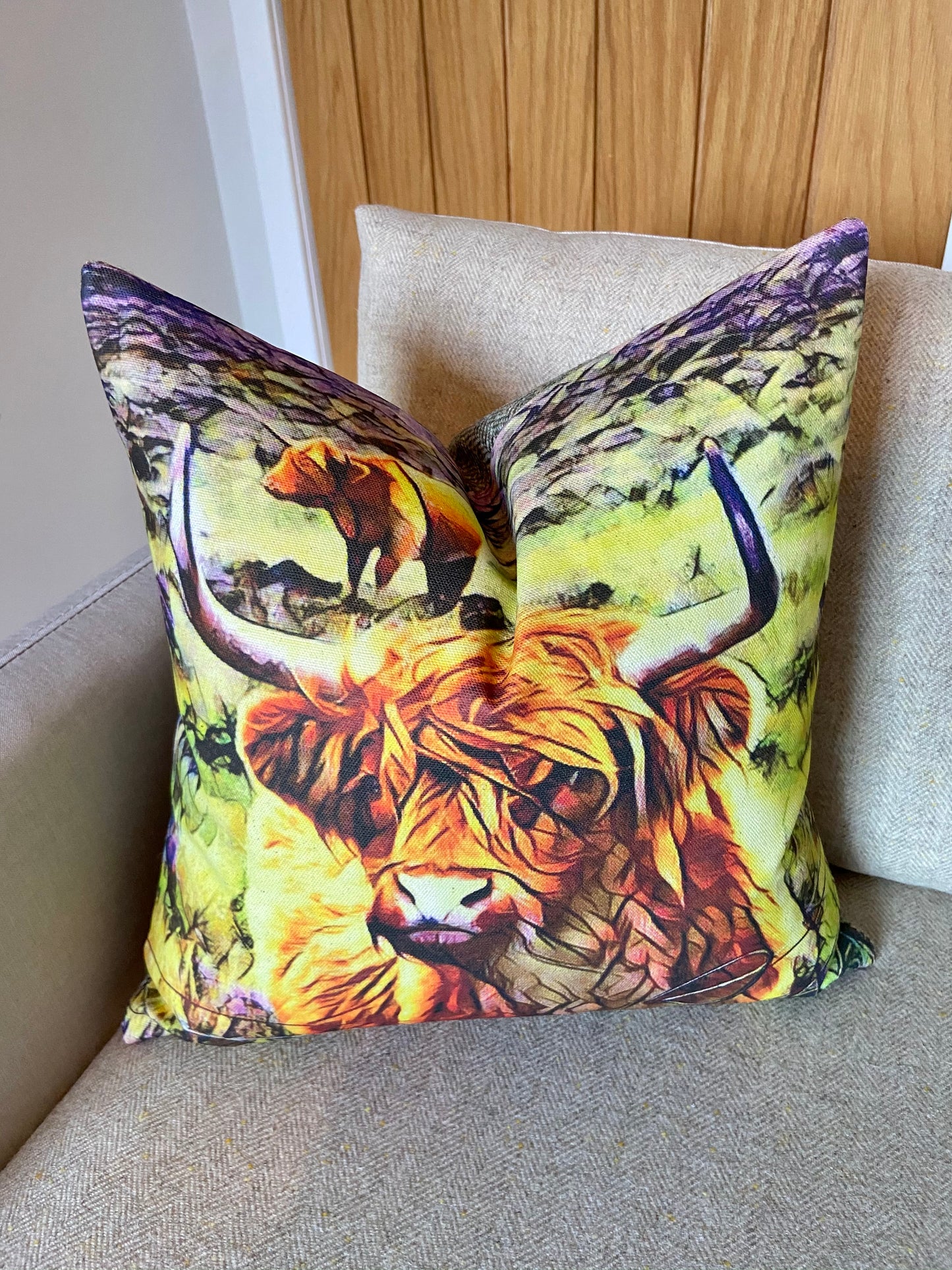 Organic Cotton Highland Cow and Brown Harris Tweed Cushion, Handmade, 16”