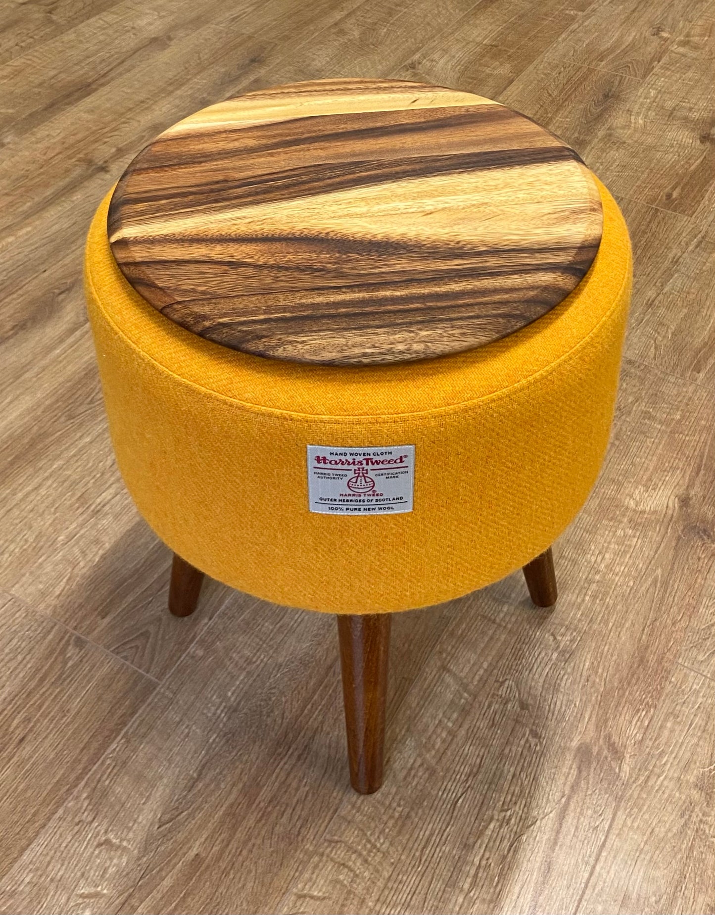 Yellow Side Table, Harris Tweed with Removable Wooden Top and Dark Varnished Wooden Legs