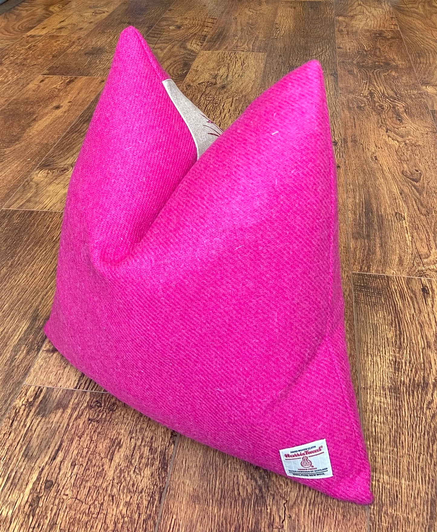 Vibrant Pink Embroidered Thistle and Harris Tweed Cushion 18”