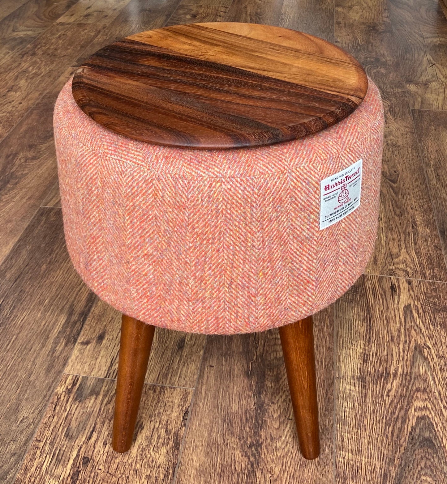 End Table, Rust Harris Tweed Herringbone with Removable Wooden Top and Dark Varnished Wooden Legs