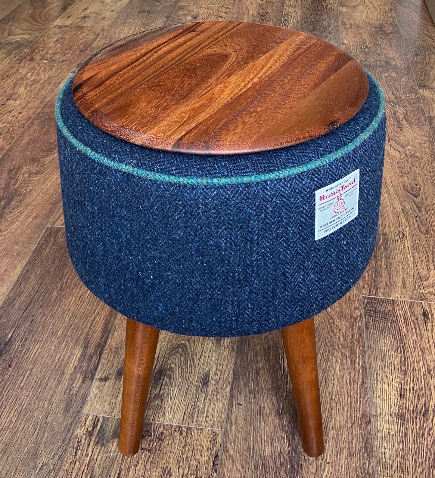 End Table, Navy Harris Tweed with Green Piping and Removable Wooden Top