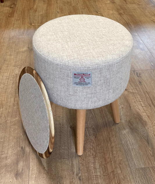 End Table, Oatmeal Cream Harris Tweed with Removable Wooden Top and Varnished Wooden Legs