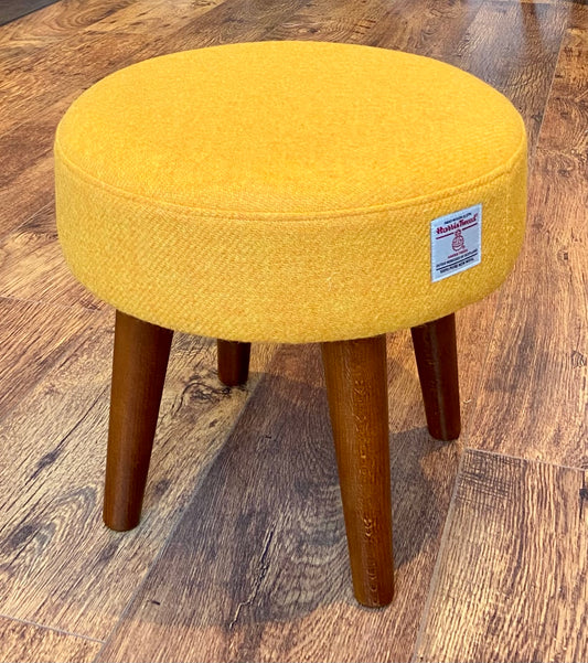 Yellow Harris Tweed Footstool with Dark Varnished Wooden Legs