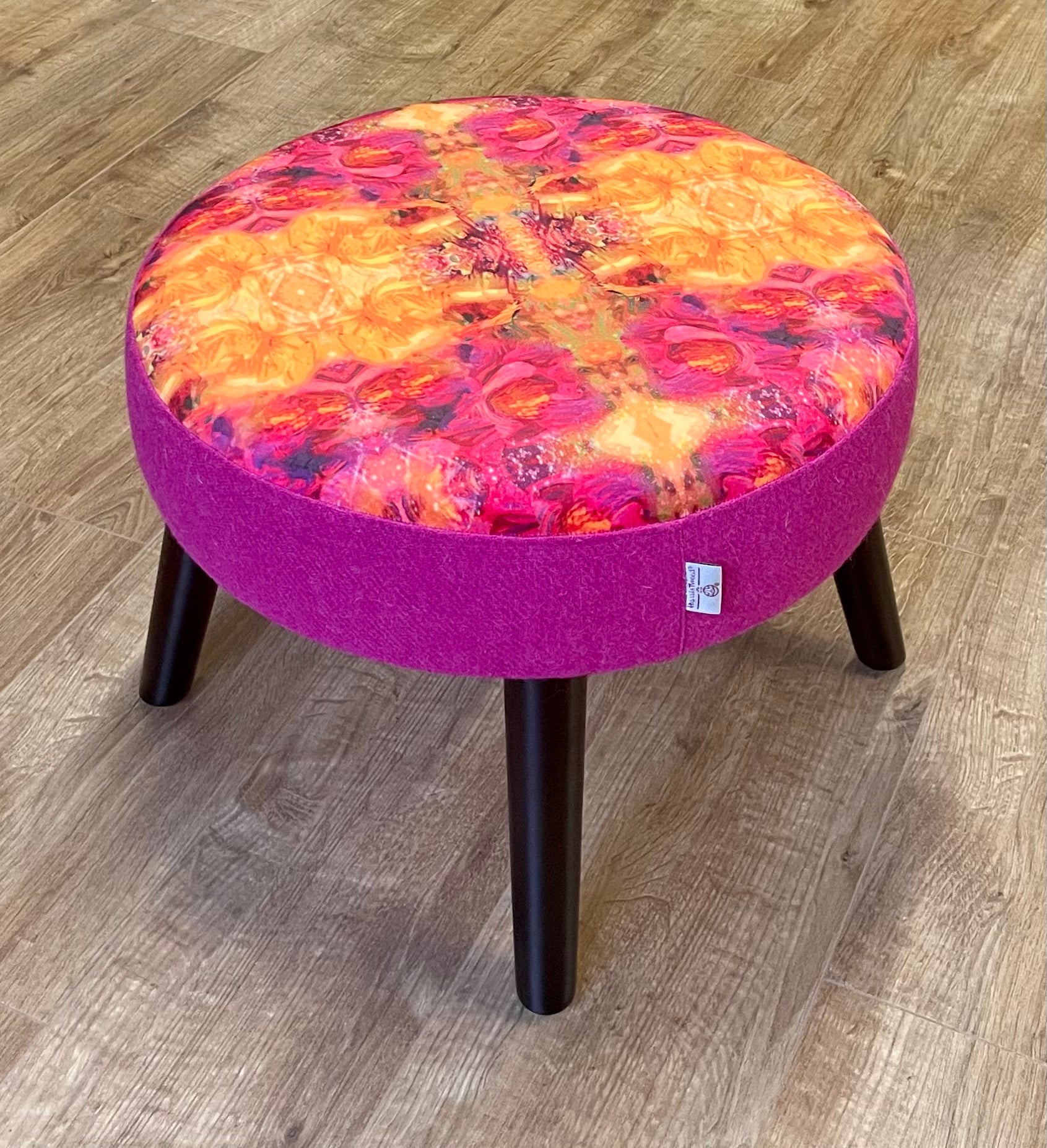 Fire Velvet and Bright Pink Harris Tweed Footstool with Black Legs