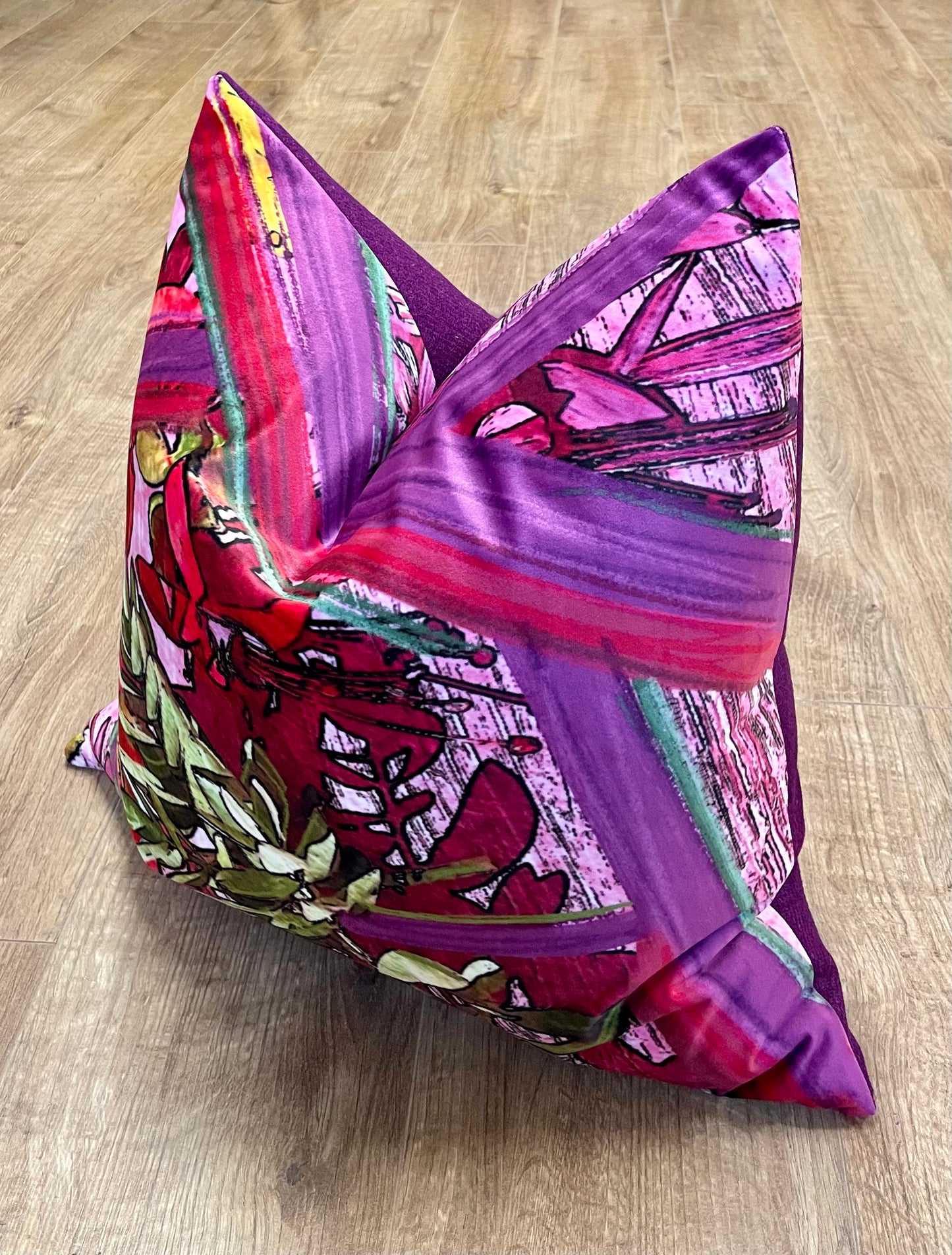 Geo Flower Velvet and Purple Harris Tweed Cushion 20”