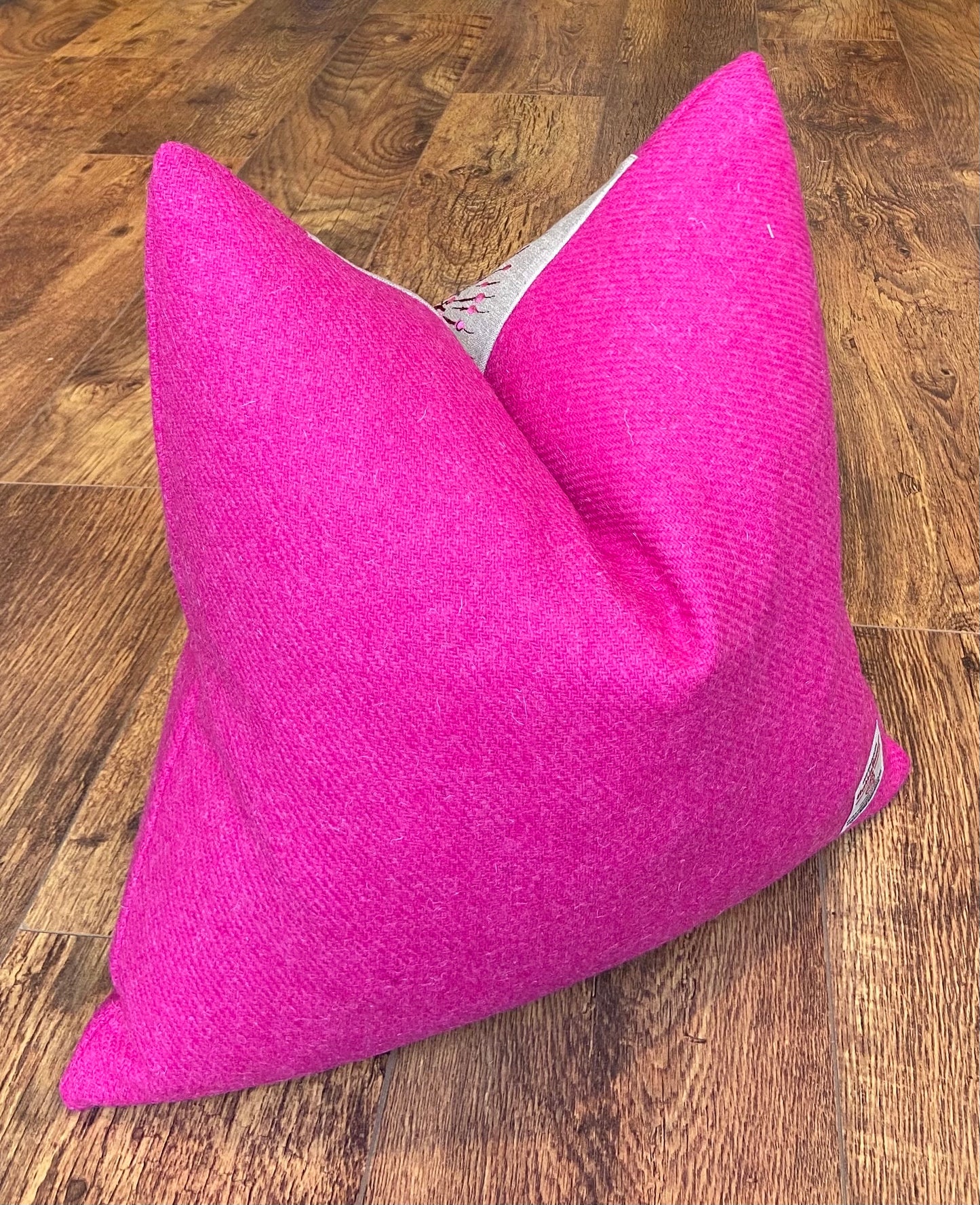 Vibrant Pink Embroidered Thistle and Harris Tweed Cushion 18”