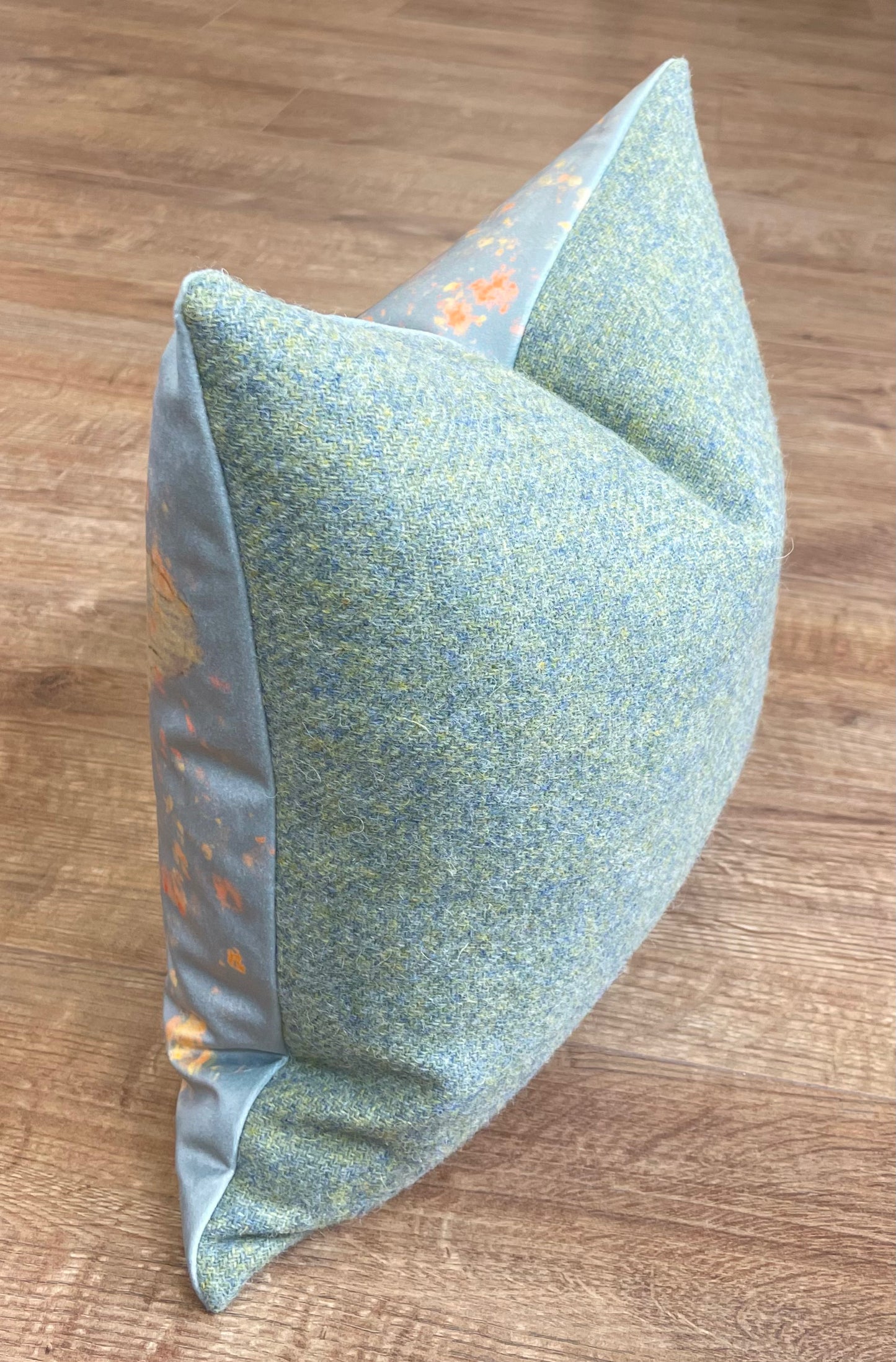 Bee with Pollen on Duck Egg Velvet Cushion with Harris Tweed