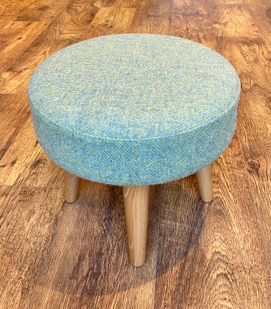 Light Green Harris Tweed Footstool with Varnished Wooden Legs