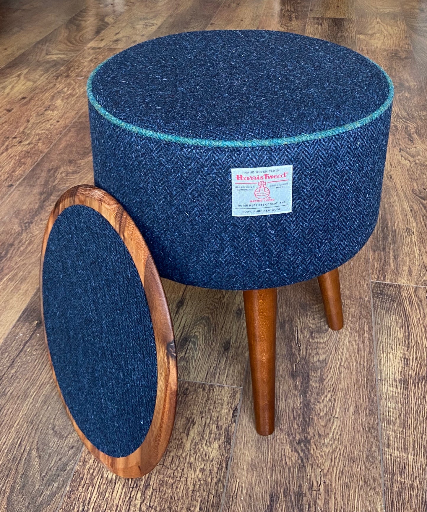 End Table, Navy Harris Tweed with Green Piping and Removable Wooden Top