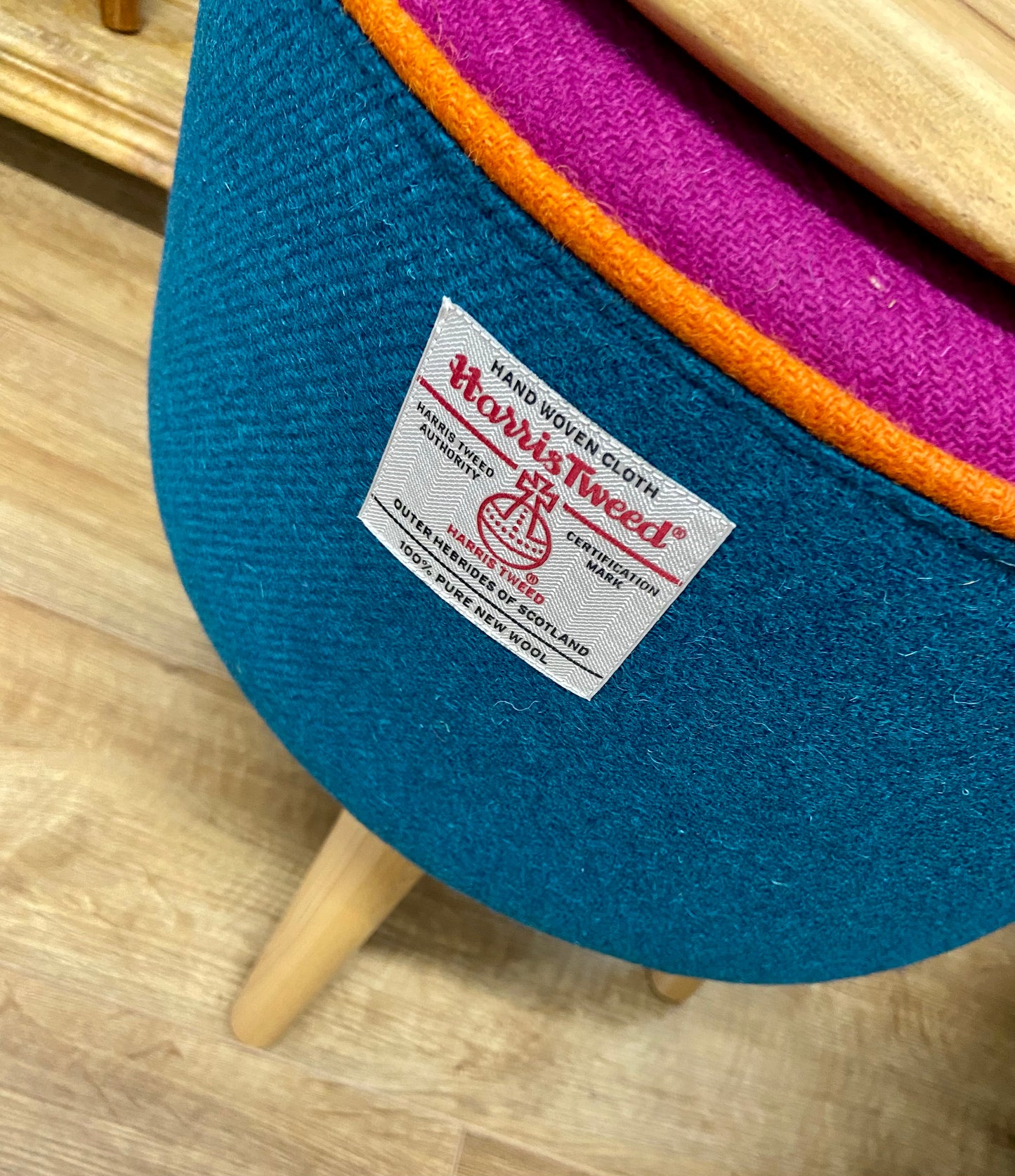 Rainbow End Table, Teal and Fuchsia Harris Tweed with Orange Piping and Removable Wooden Top