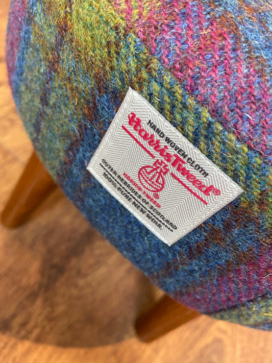 Colourful Tartan Harris Tweed Footstool with Dark Varnished Wooden Legs