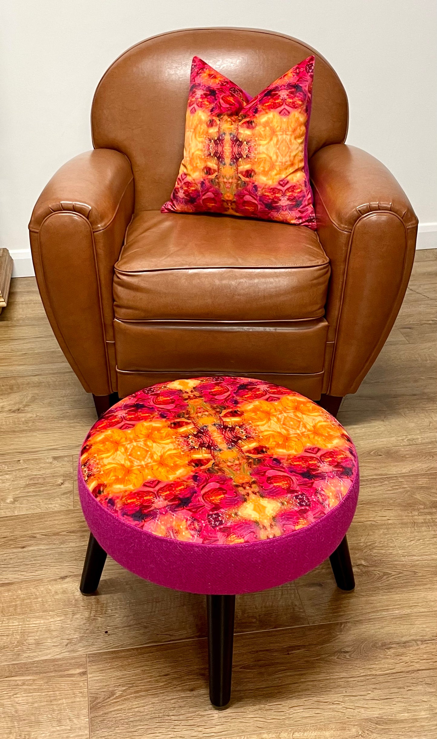 Fire Velvet and Bright Pink Harris Tweed Cushion, Handmade, 18”
