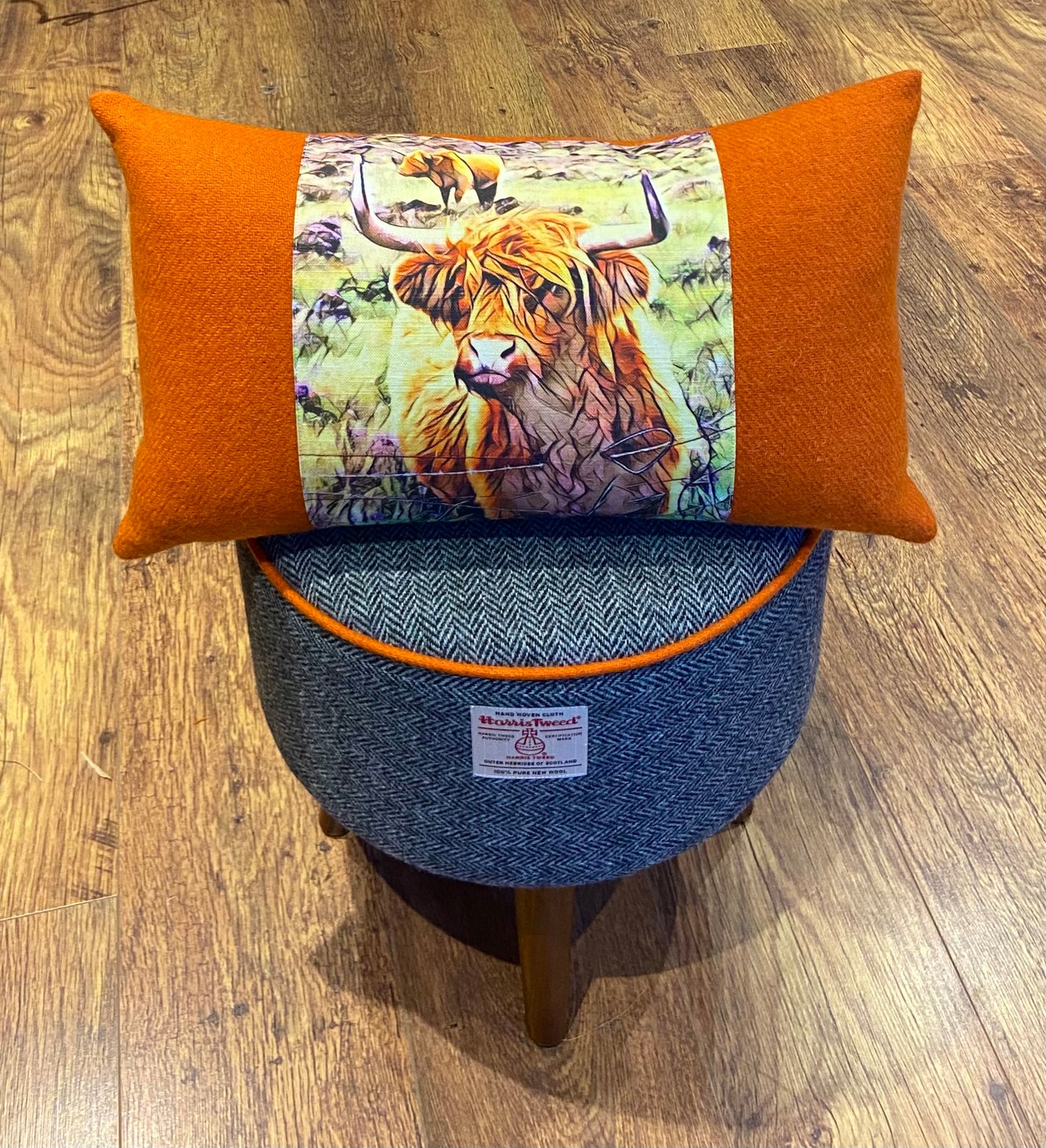 Handmade Highland Cow and Orange Harris Tweed Cushion