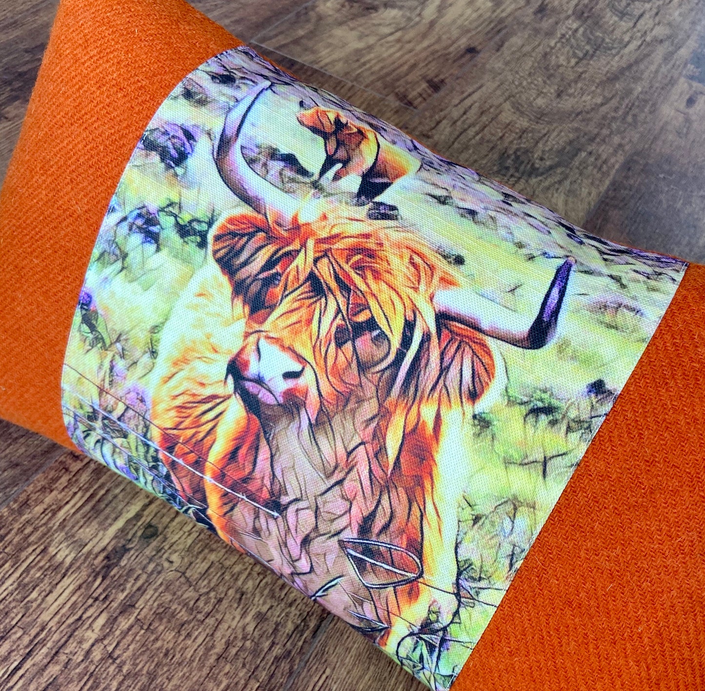 Handmade Highland Cow and Orange Harris Tweed Cushion