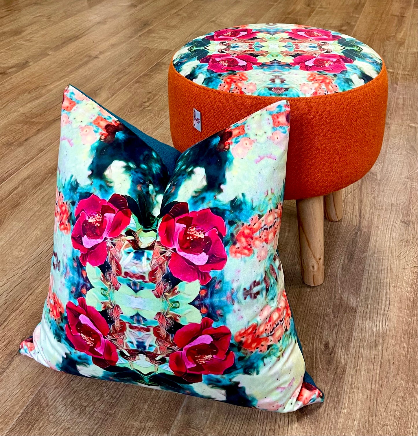 Red Rose Velvet and Harris Tweed Cushion 18”