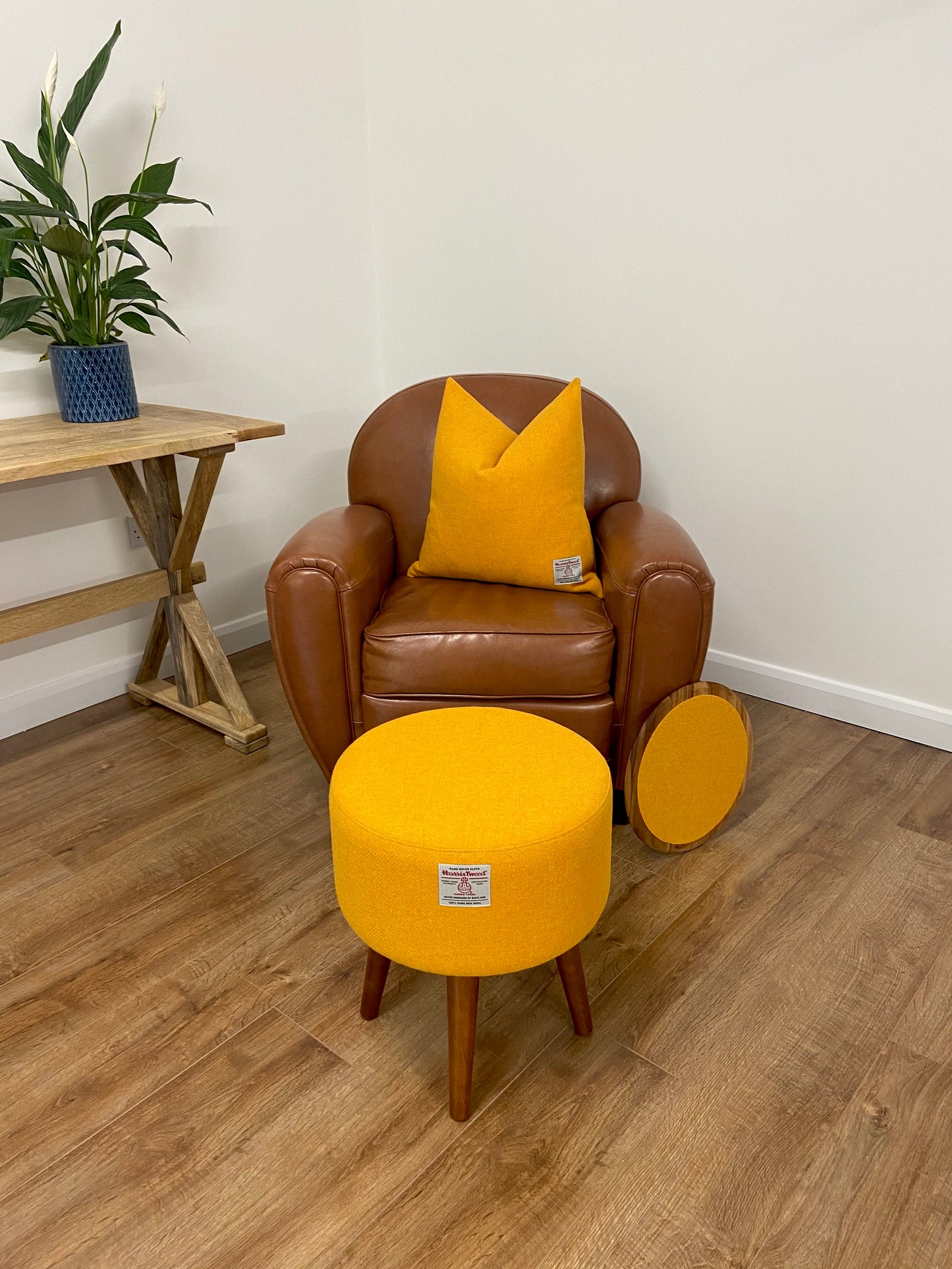 Yellow Side Table, Harris Tweed with Removable Wooden Top and Dark Varnished Wooden Legs