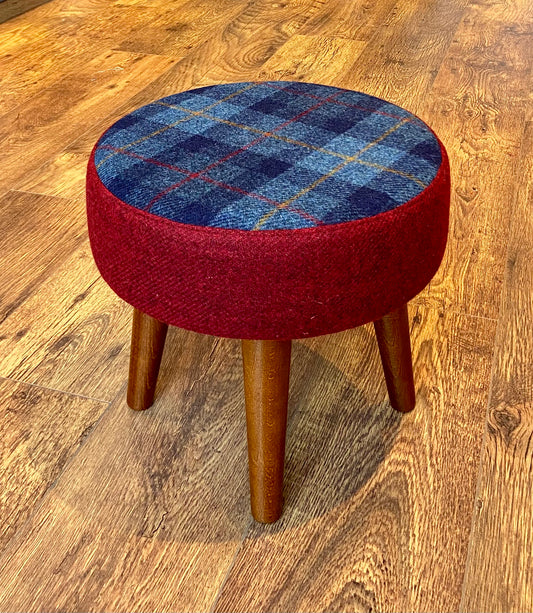 Small Tartan Harris Tweed Red and Blue Footstool