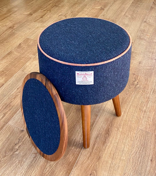 Navy Harris Tweed End Table with Rust Piping and Removable Wooden Top