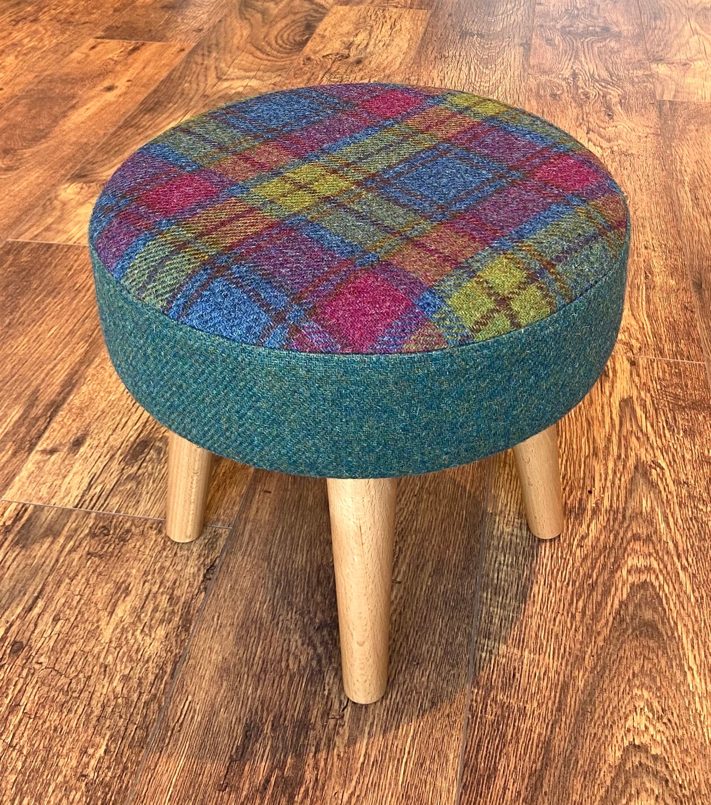 Colourful Tartan and Green Harris Tweed Footstool with Varnished Wooden Legs