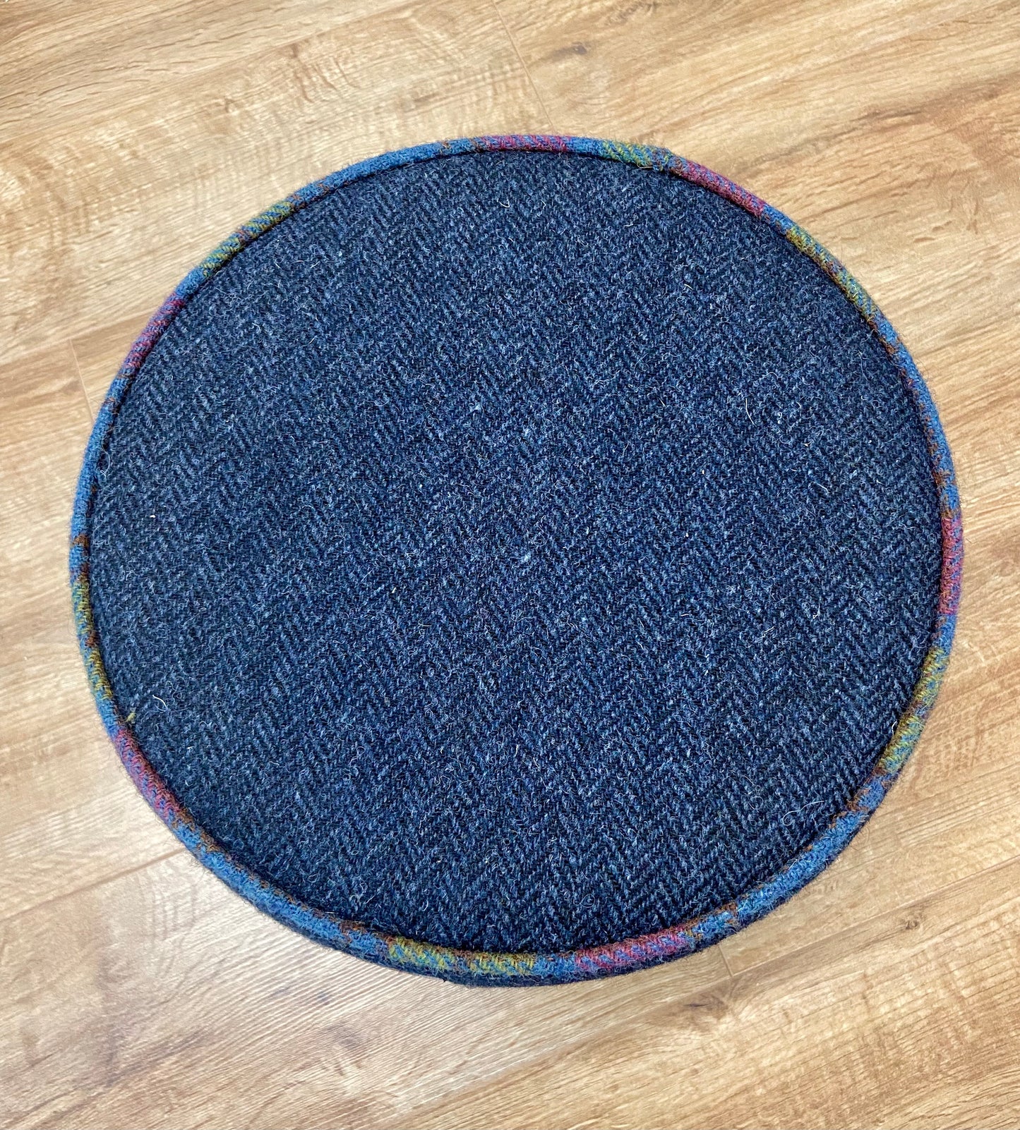 Navy Blue Harris Tweed Footstool with Tartan Piping and Dark Varnished Wooden Legs