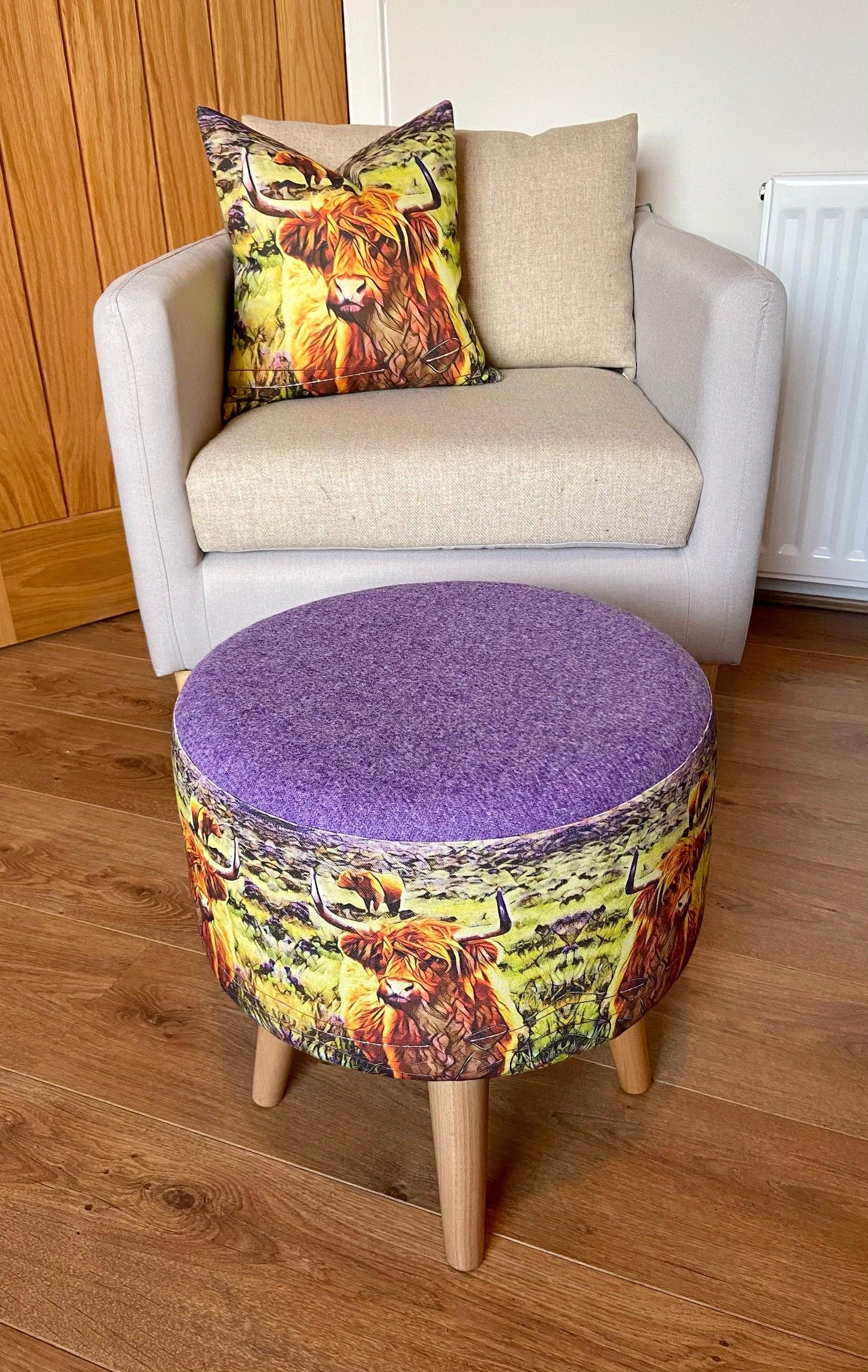 Organic Cotton Highland Cow and Brown Harris Tweed Cushion, Handmade, 16”