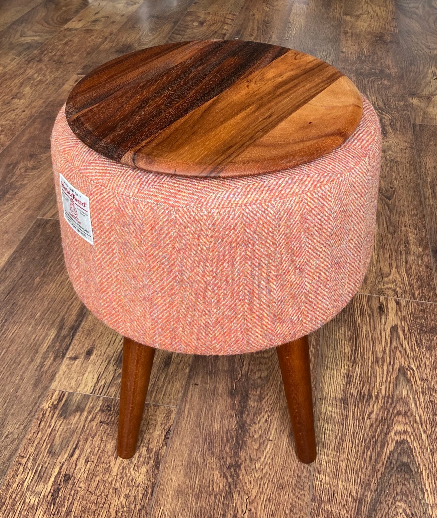 End Table, Rust Harris Tweed Herringbone with Removable Wooden Top and Dark Varnished Wooden Legs