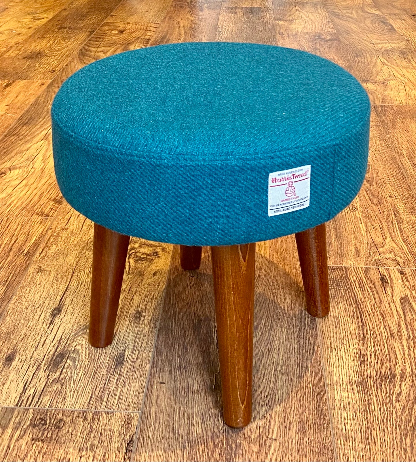 Teal Harris Tweed Footstool with Dark Varnished Wooden Legs