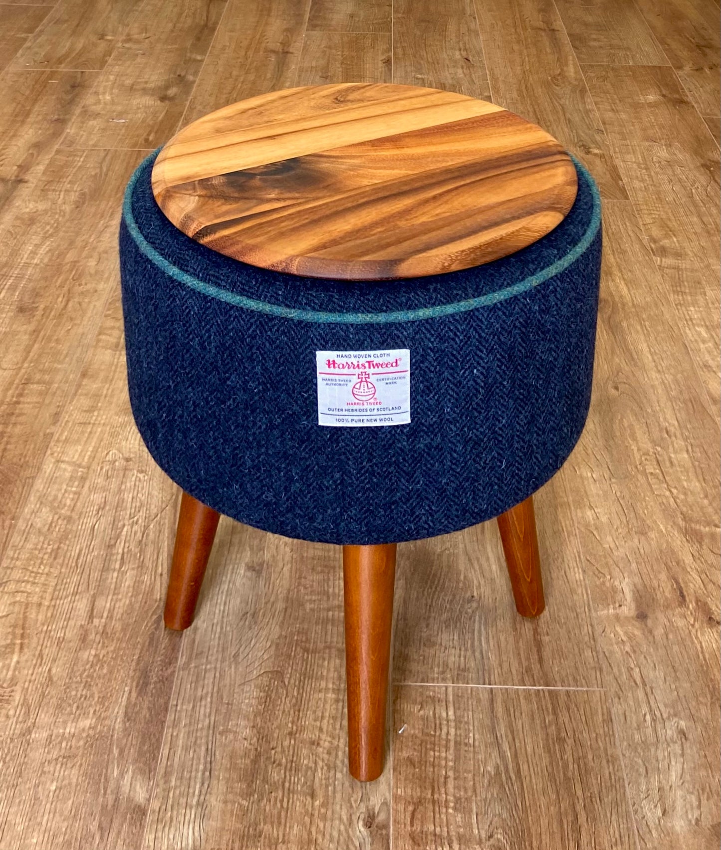End Table, Navy Harris Tweed with Green Piping and Removable Wooden Top