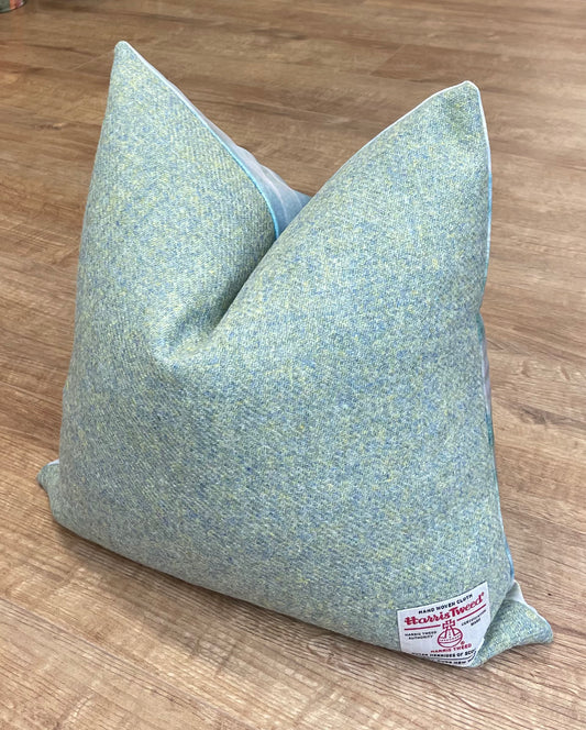 Emerald Sea Velvet and Light Green Harris Tweed Cushion 18”