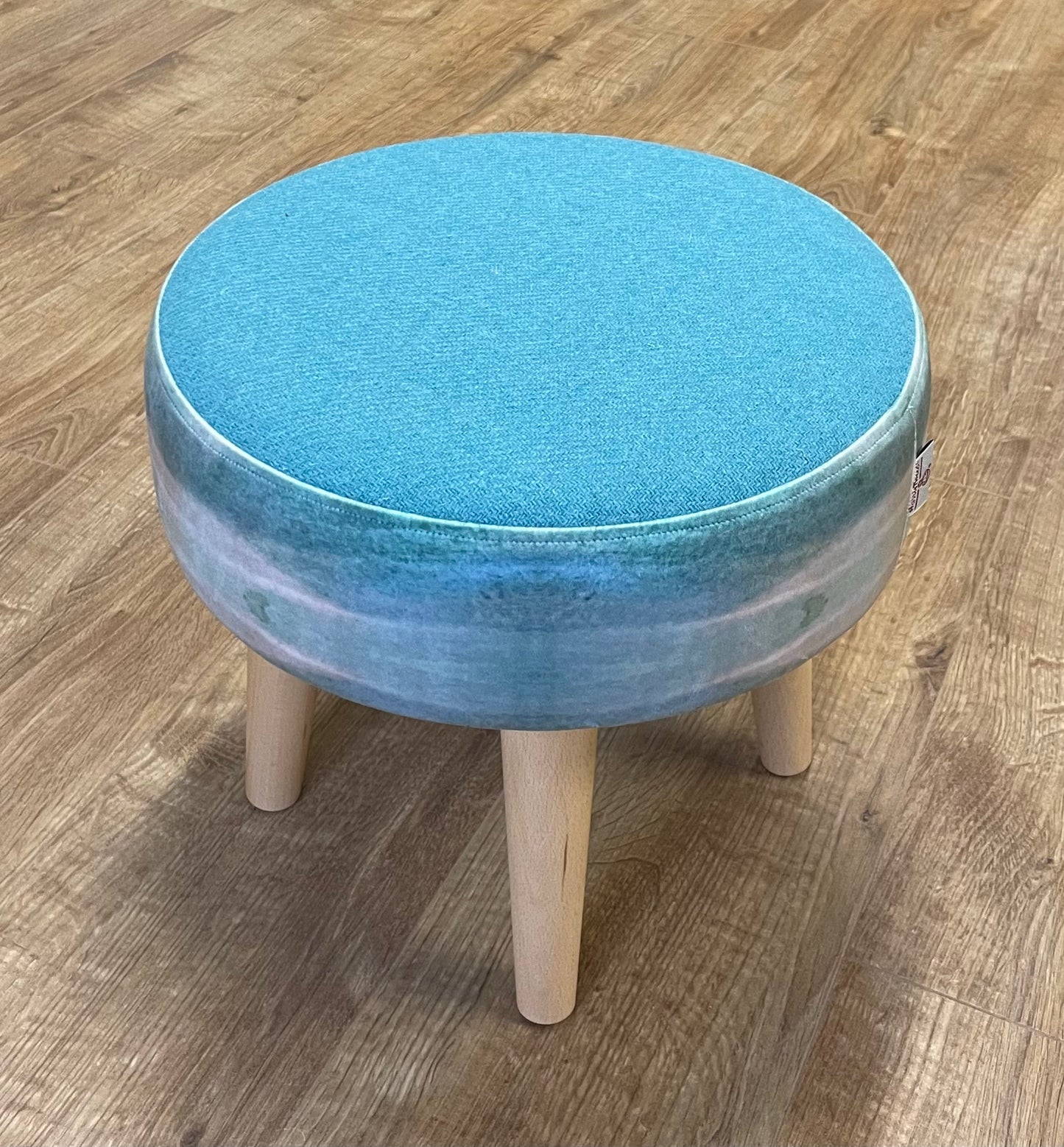 Turquoise Sea Velvet and Harris Tweed Small Footstool