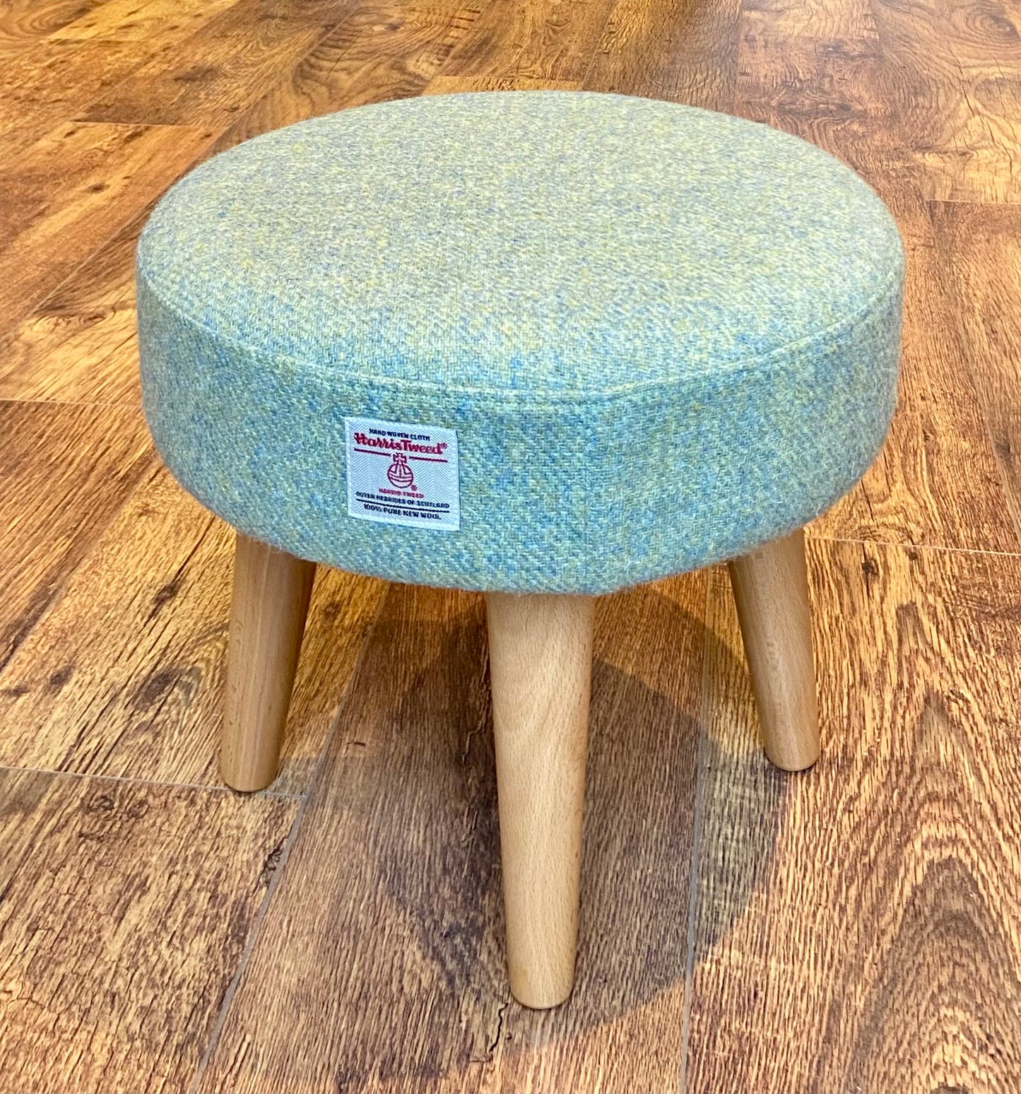 Light Green Harris Tweed Footstool with Varnished Wooden Legs