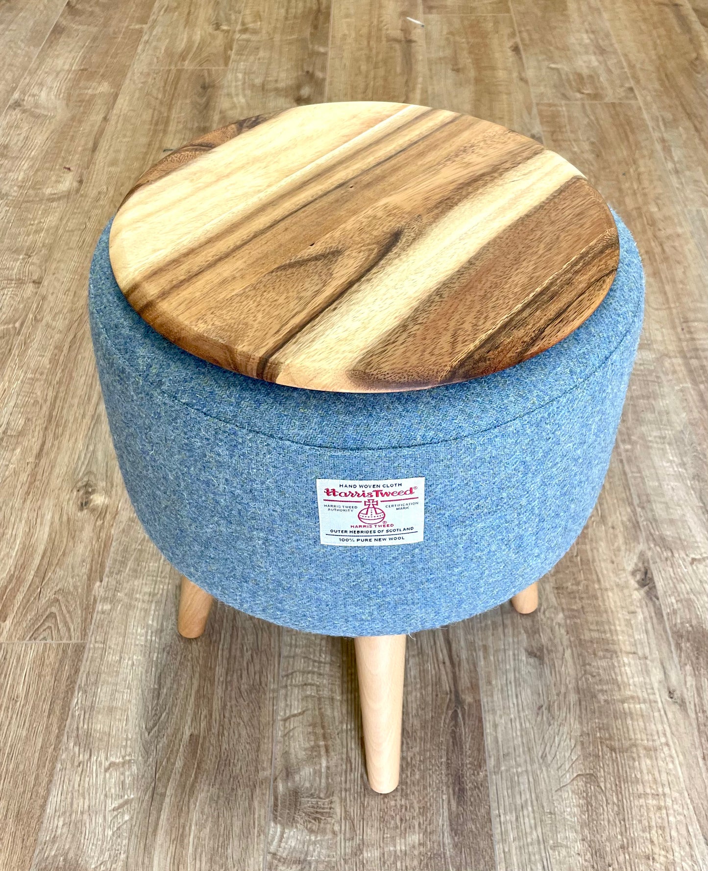 End Table, Sky Blue Harris Tweed with Removable Wooden Top and Varnished Wooden Legs