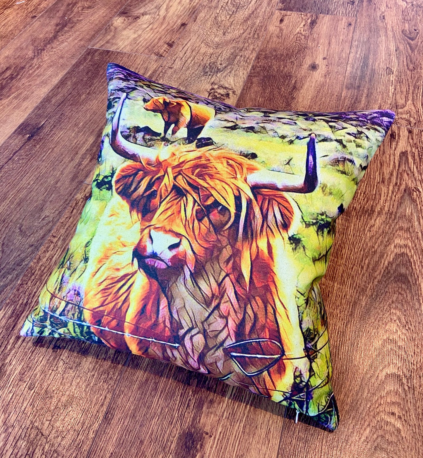 Organic Cotton Highland Cow and Brown Harris Tweed Cushion, Handmade, 16”