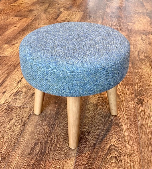 Light Blue Harris Tweed Footstool with Varnished Wooden Legs