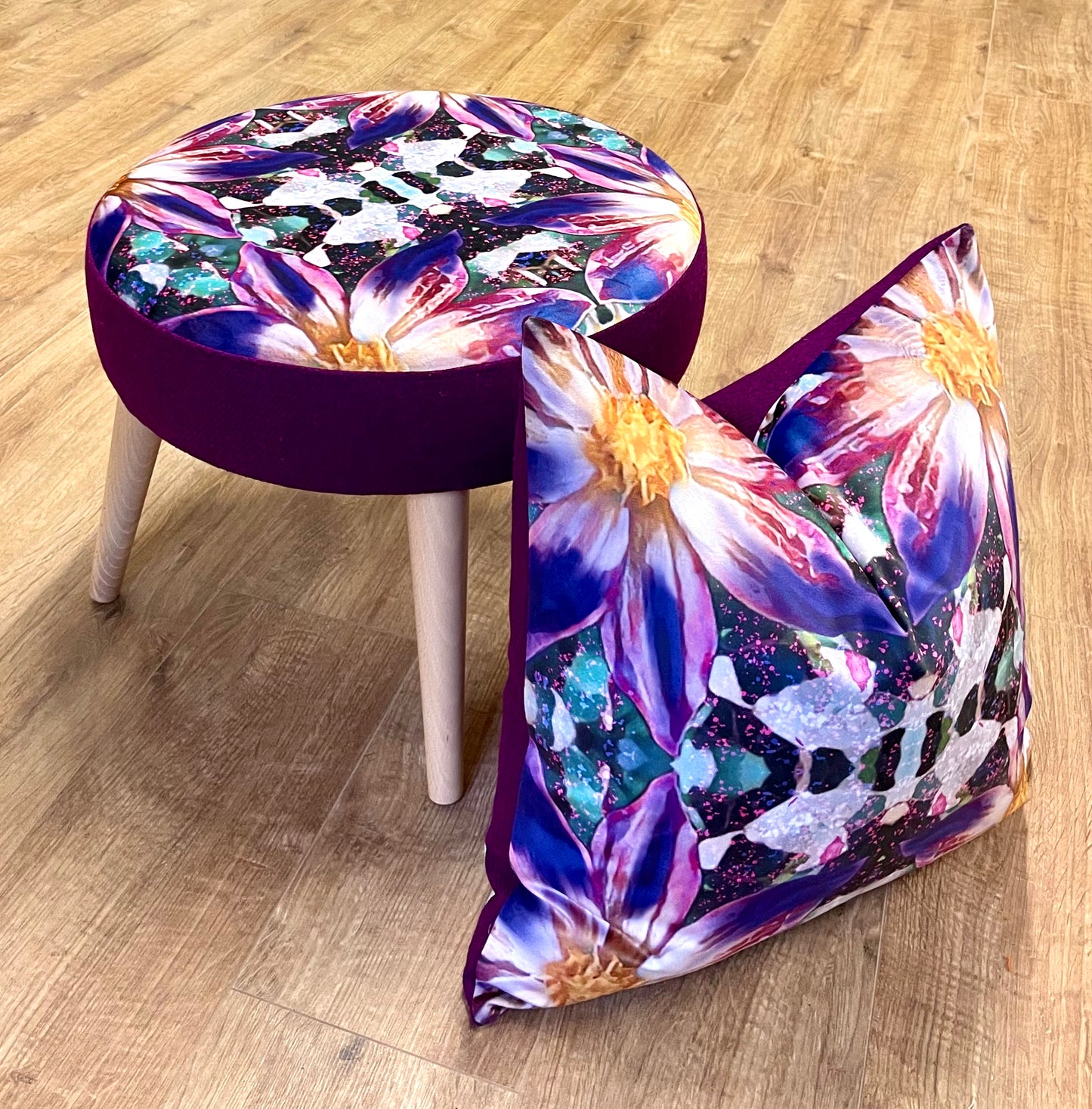 Arran Flower Velvet and Purple Harris Tweed Cushion 20”