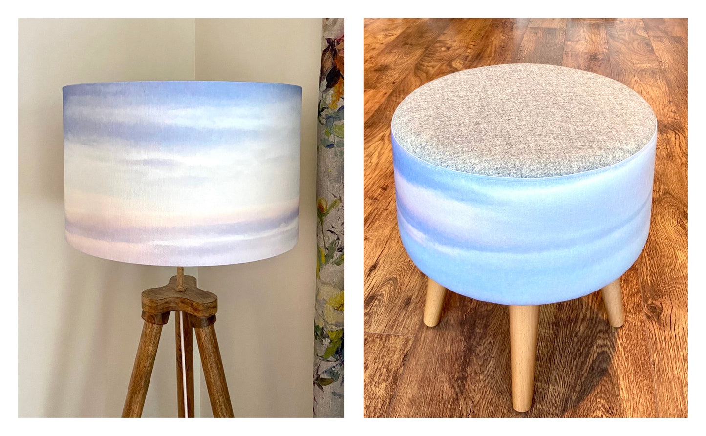 Watercolour Sky and Grey Harris Tweed Footstool with Varnished Wooden Legs