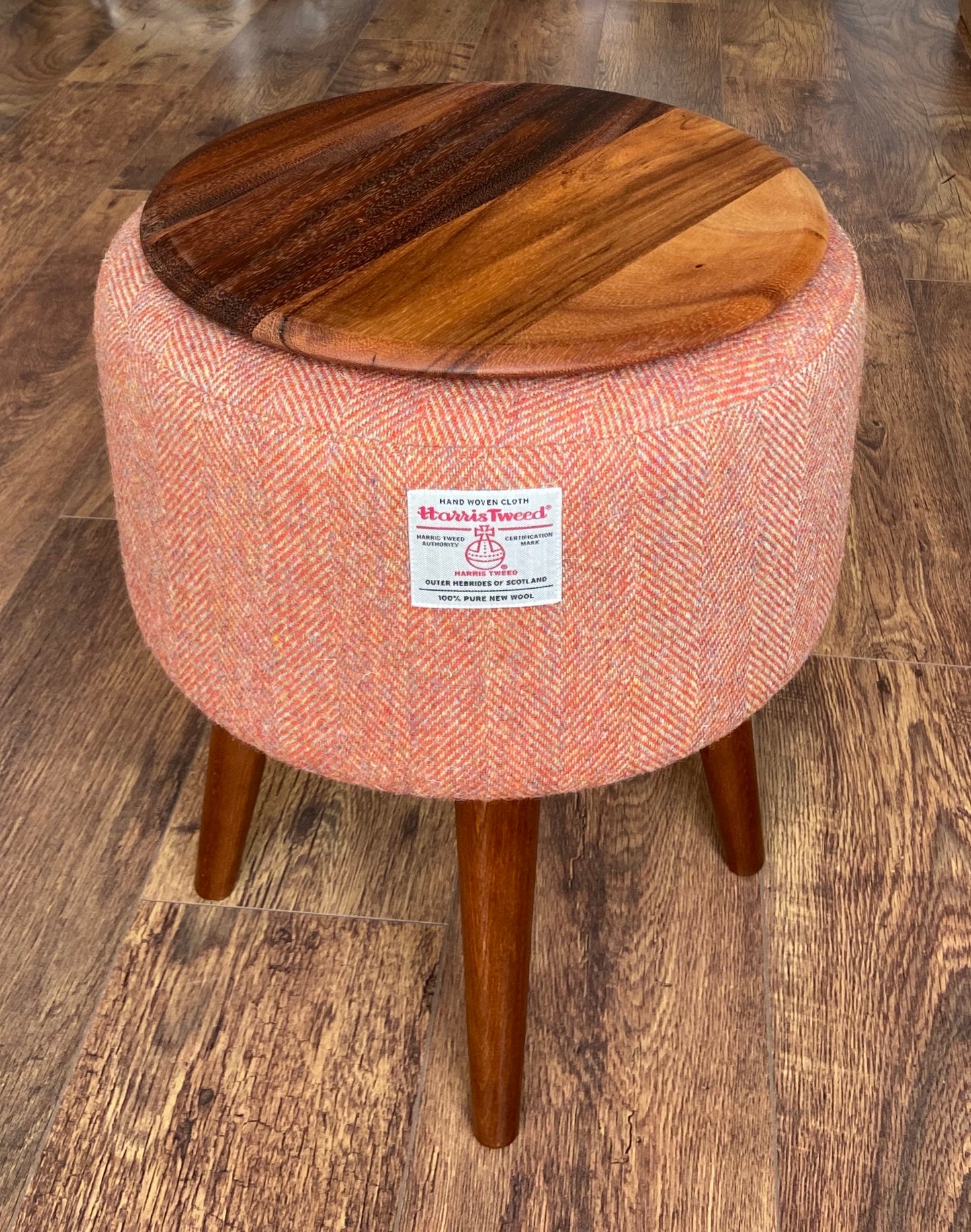 End Table, Rust Harris Tweed Herringbone with Removable Wooden Top and Dark Varnished Wooden Legs